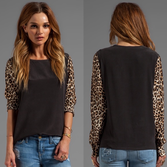 Equipment Tops - Equipment Silk Blouse with Leopard Printed Sleeves